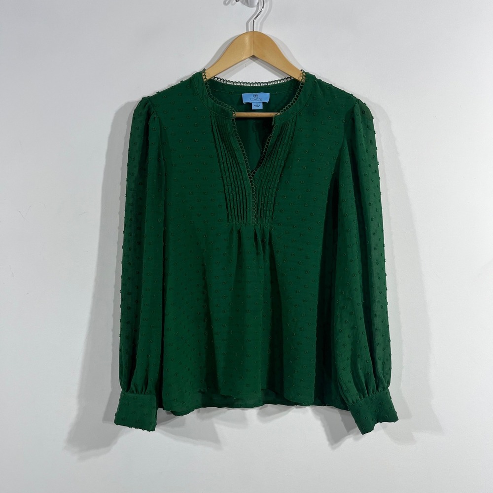CeCe Renfair Peasant Green Clip Dot Pintuck Long Sleeve Top Womens Small Boho